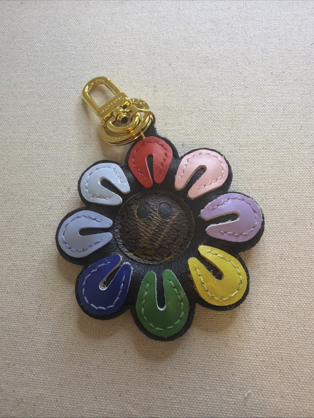Upcycled Luxury Smiley Face Flower with Colorful Petals Key Ring